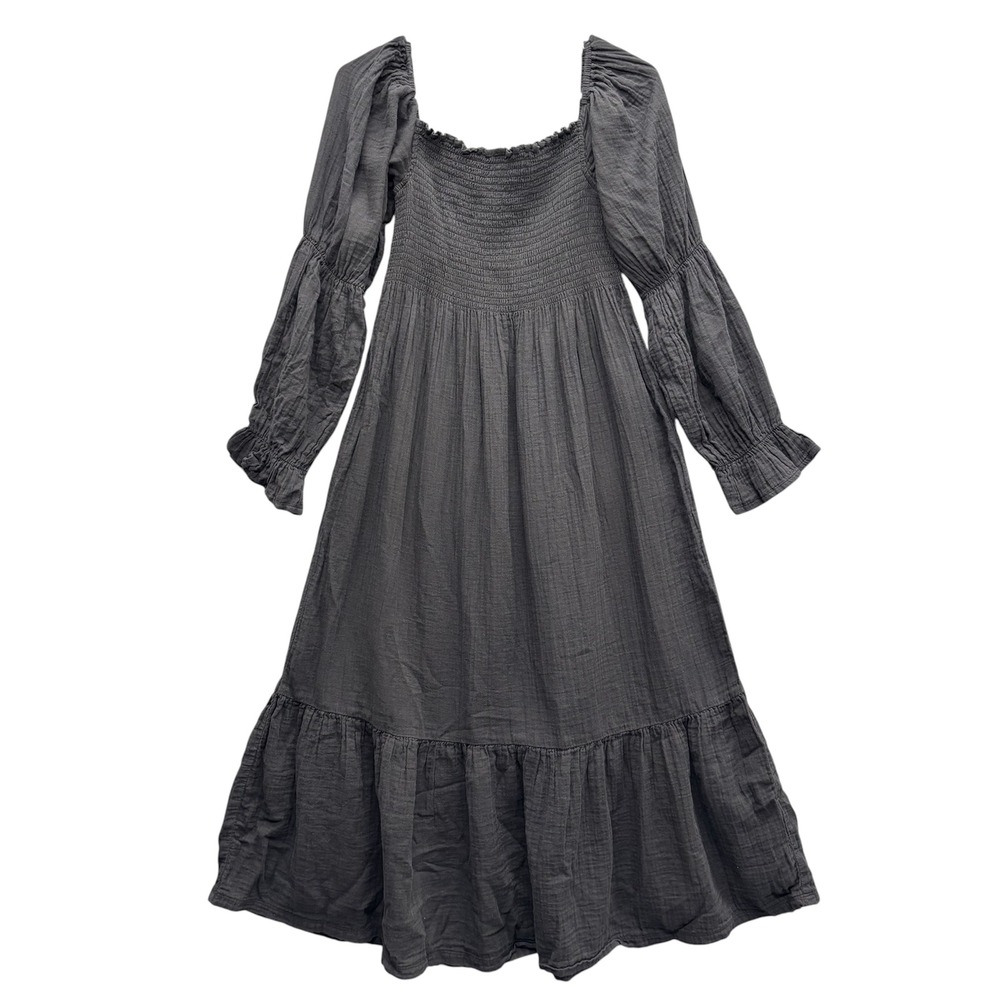 Quince Organic Cotton Gauze Maternity Smocked Ruffle Hem Midi Dress Black Size S